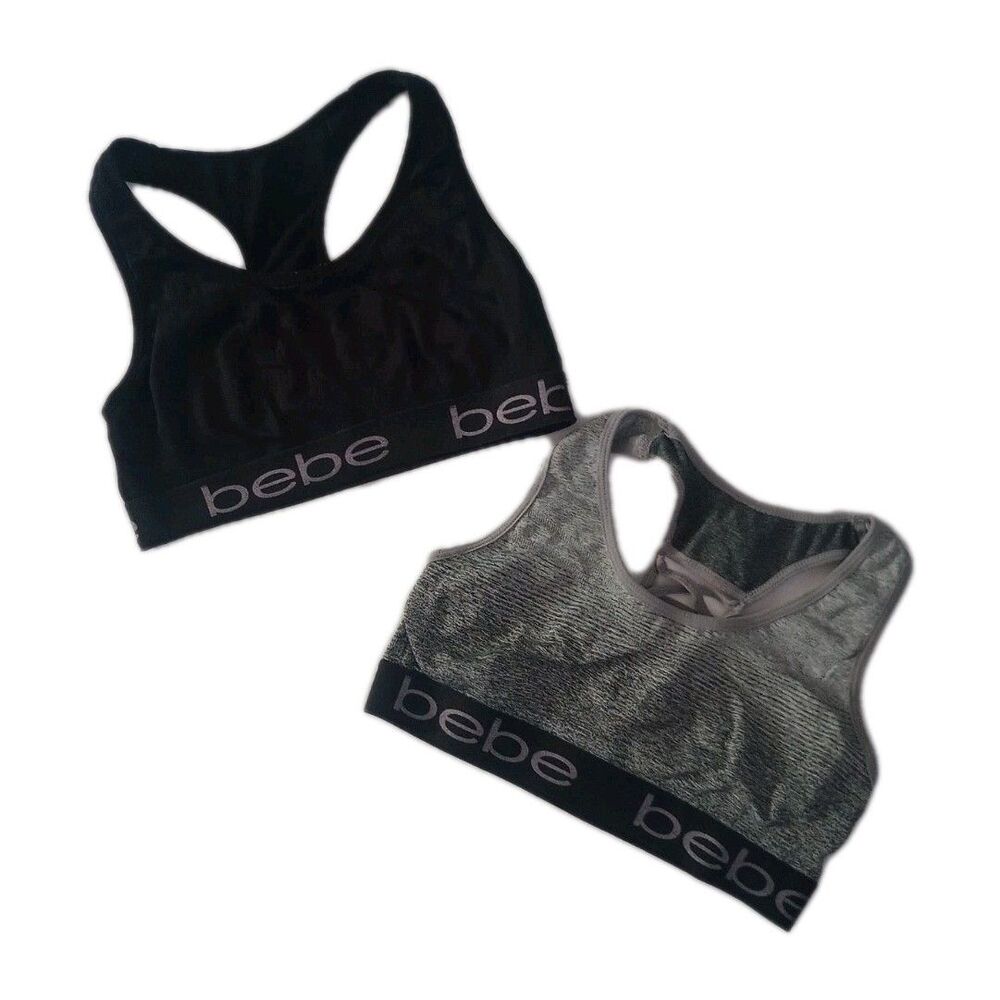 2pc Set BEBE Racerback Sports Bra Tops sz M Womens Gray/Black